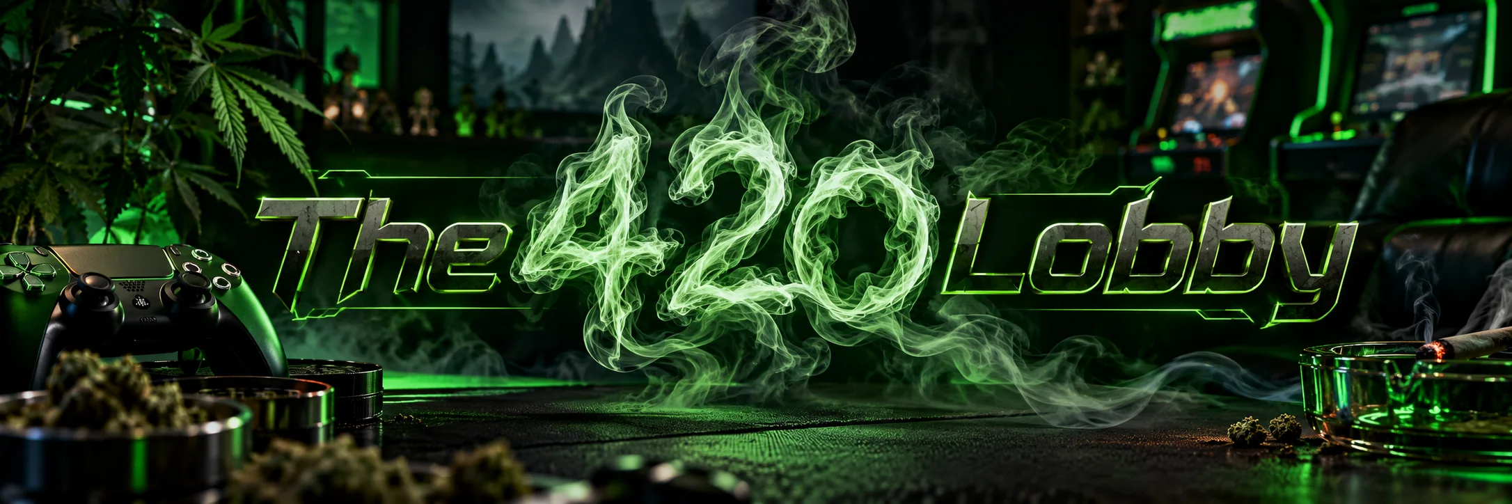 The 420 Lobby wordmark with smoke-formed 420, a game controller and neon-green gaming lounge